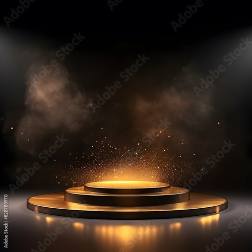 Empty podium illuminated with golden light on a black background. Generative AI.
