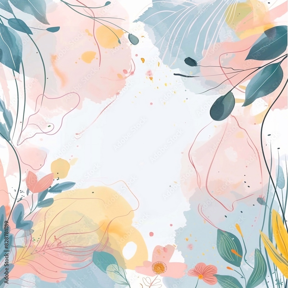 Wallpaper in a minimalist style in pastel colors of flowers and botanical leaves, yellow blue pink, painted in watercolor.