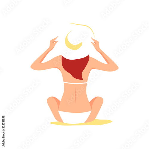  A woman in a white swimsuit and a hat sitting on a beach vector illustration. White background