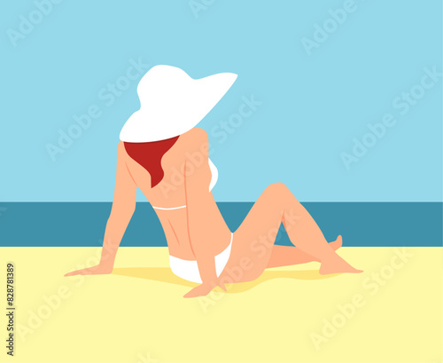  A woman in a white swimsuit and a hat half lying on a beach and looking at the sea vector illustration