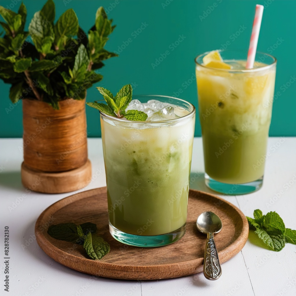 Green cocktail with mint Iced green tea latte Green cocktail with mint Iced green tea latte