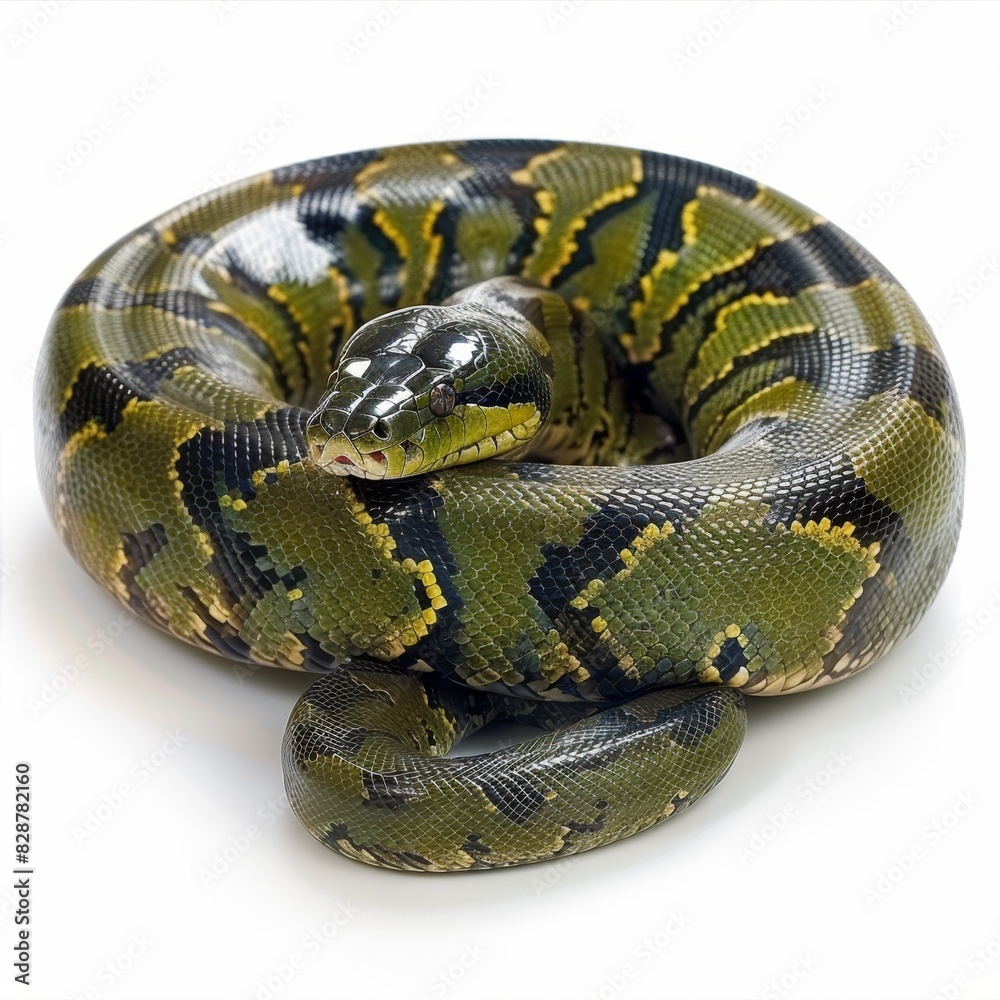 Obraz premium A green tree python curled up on a white background