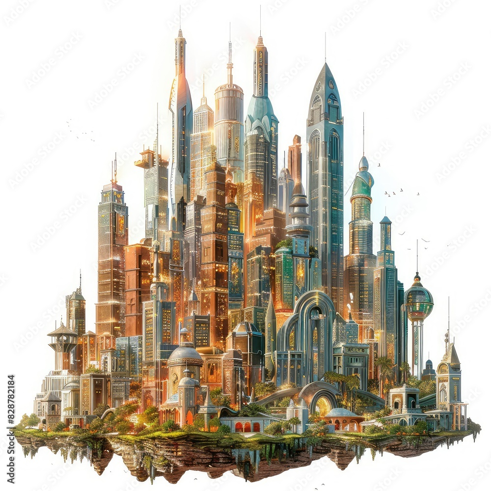 A futuristic cityscape with a variety of buildings, including skyscrapers, towers, and domes