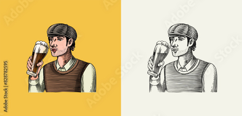 A man in a suit with a glass of beer. Fashion character. Hand drawn woodcut outline sketch. Vector engraved illustration for logo and tattoo or T-shirts.