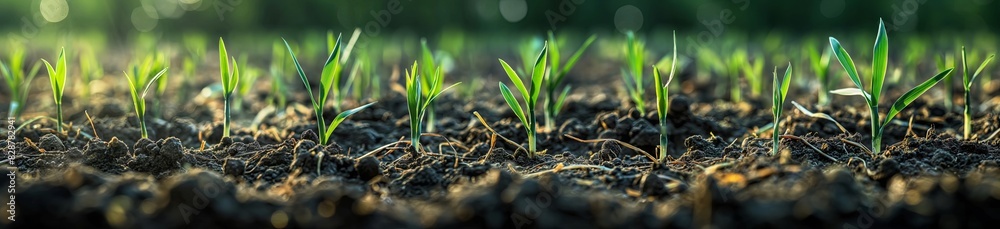 A panoramic view of Barley sprouts growing in the soil, with roots visible and green leaves showing signs of life. The background is blurred to emphasize the foreground. A panoramic view of Barley sprouts growing in the soil, with roots visible and green leaves showing signs of life. The background is blurred to emphasize the foreground.