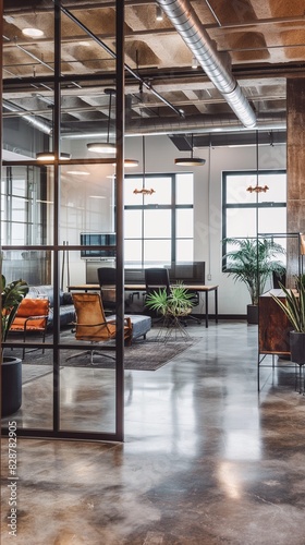 An office space blending rustic and modern elements  with a polished concrete floor  a mix of metal and wood furniture  and large glass partitions  