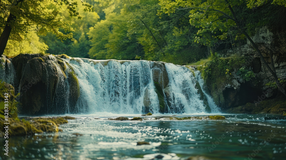 Obraz premium A photo of a beautiful waterfall leading into a nice mystical river, refreshing, life growing, colorful plants.