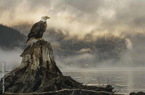 Bald eagle perched on top of an old tree stump  photo