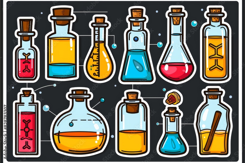 Vibrant vector illustration of potion bottles with various colorful liquids on a white background, emphasizing alchemical and fantasy themes Vibrant vector illustration of potion bottles with various colorful liquids on a white background, emphasizing alchemical and fantasy themes