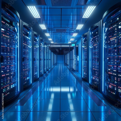 A long, blue-lit hallway with rows of server racks on either side.