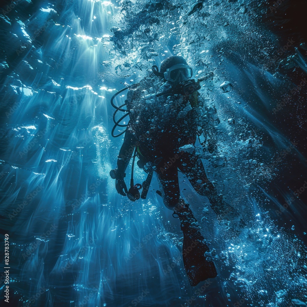 Scuba diver floating in deep blue ocean. The dark sea background adds to the eerie atmosphere. An air tank is attached to its back and bubbles can be seen from its mouth.