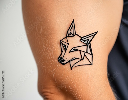 A minimalist tattoo on the forearm, depicting a simple yet powerful geometric wolf, using  photo