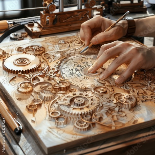 The image shows a person carving a wooden steampunk artwork with a chisel and a brush.
