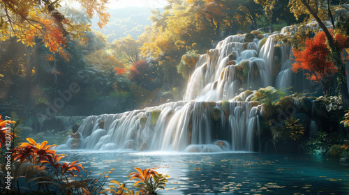 A photo of a beautiful waterfall leading into a nice mystical river  refreshing  life growing  colorful plants.
