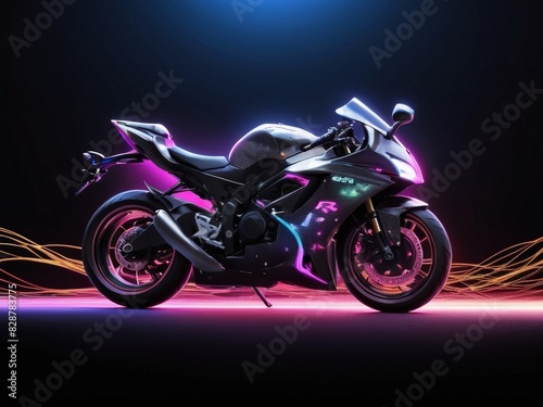 high quality highly detailed Colorful beautiful motorcycle silhouette neon dots 