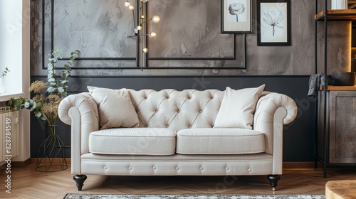 Modern loveseat with a tufted backrest in a stylish living room photo