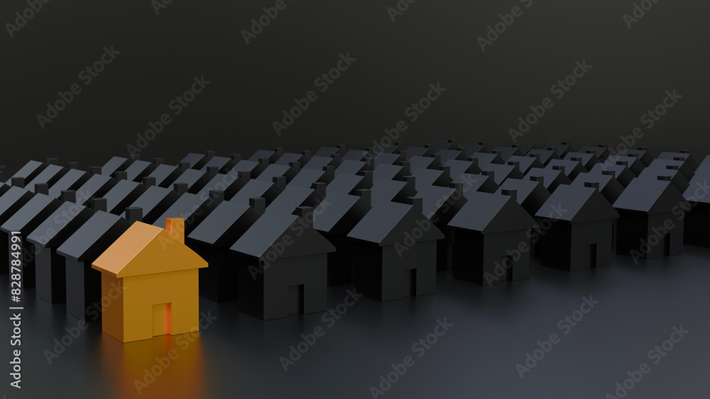 Fototapeta premium Golden house in group of black houses. Real estate concept.