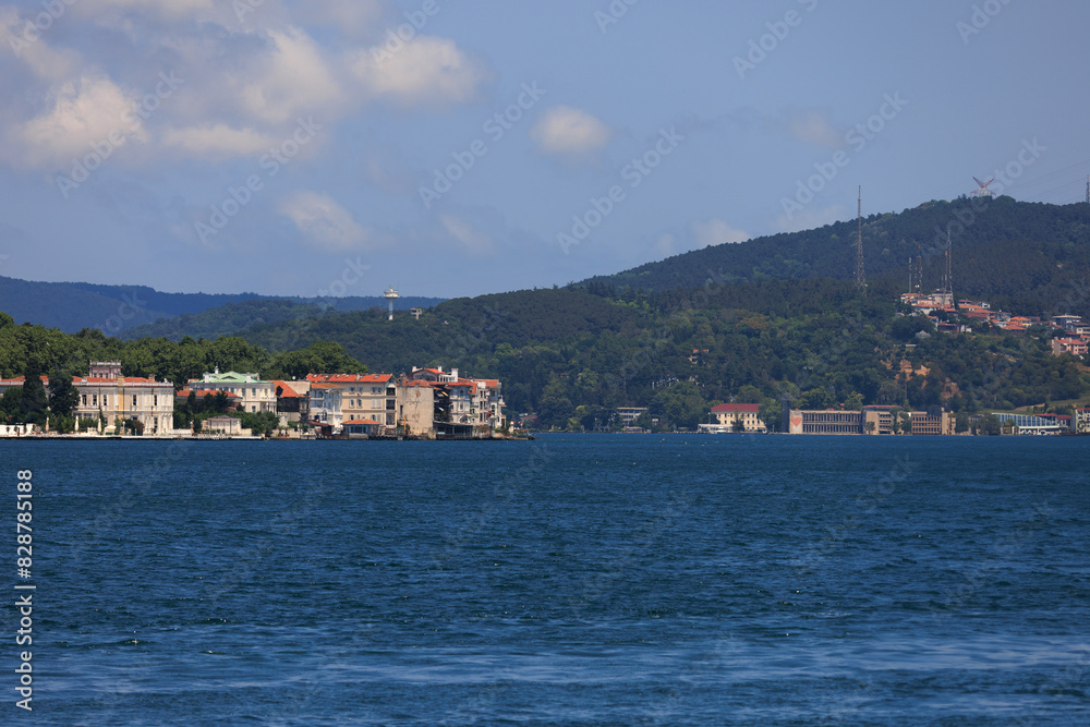 Turquoise blue sea water. View of the Bosphorus in Istanbul city on sunny summer day, in a public place. Turquoise blue sea water. View of the Bosphorus in Istanbul city on sunny summer day, in a public place.