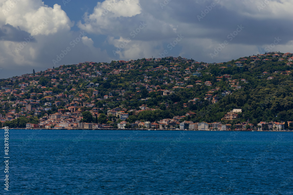 Turquoise blue sea water. View of the Bosphorus in Istanbul city on sunny summer day, in a public place. Turquoise blue sea water. View of the Bosphorus in Istanbul city on sunny summer day, in a public place.