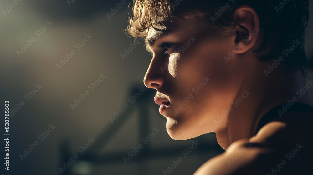 A dramatic profile portrait of the winner in a gym environment. Dynamic and dramatic composition, with cope space A dramatic profile portrait of the winner in a gym environment. Dynamic and dramatic composition, with cope space