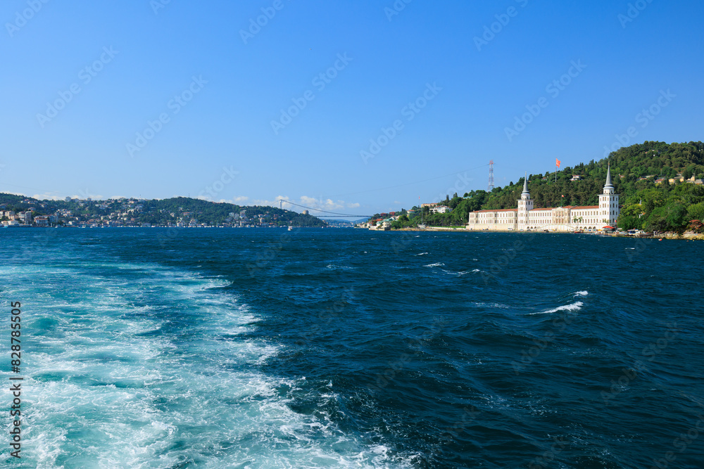 Turquoise blue sea water. View of the Bosphorus in Istanbul city on sunny summer day, in a public place.