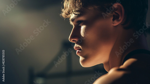 A dramatic profile portrait of the winner in a gym environment. Dynamic and dramatic composition, with cope space