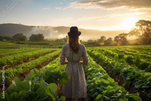 Wallpaper Mural Woman looking over her thriving crops in a sunlit field, emphasis on ecofriendly farming and rural lifestyle, clear and engaging visual Torontodigital.ca