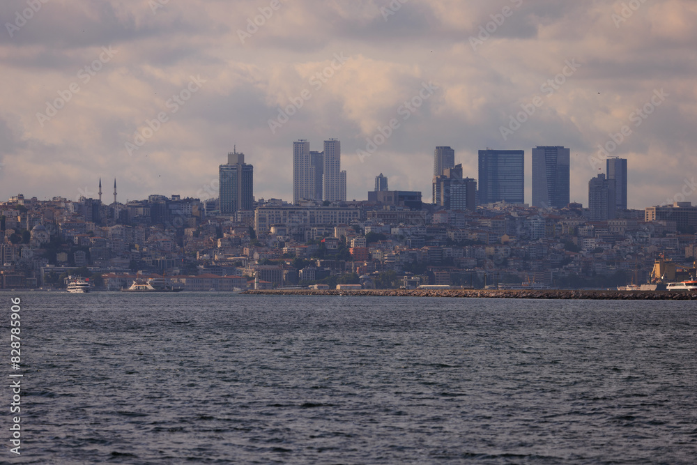 Turquoise blue sea water. View of the Bosphorus in Istanbul city on sunny summer day, in a public place. Turquoise blue sea water. View of the Bosphorus in Istanbul city on sunny summer day, in a public place.