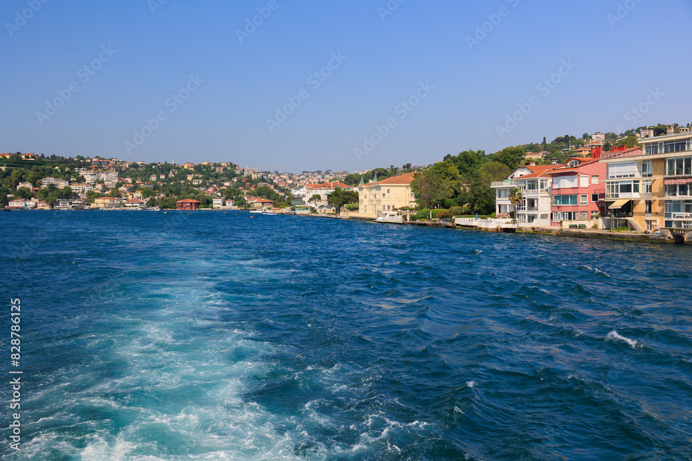 Turquoise blue sea water. View of the Bosphorus in Istanbul city on sunny summer day, in a public place. Turquoise blue sea water. View of the Bosphorus in Istanbul city on sunny summer day, in a public place.