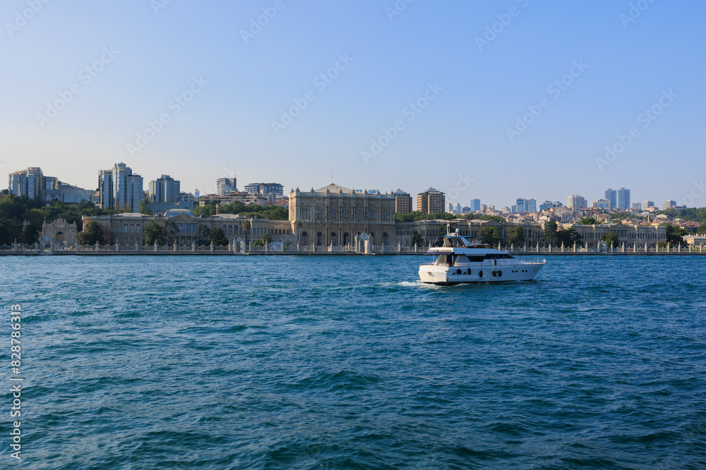Turquoise blue sea water. View of the Bosphorus in Istanbul city on sunny summer day, in a public place. Turquoise blue sea water. View of the Bosphorus in Istanbul city on sunny summer day, in a public place.