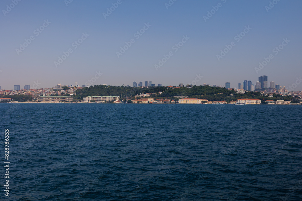 Turquoise blue sea water. View of the Bosphorus in Istanbul city on sunny summer day, in a public place. Turquoise blue sea water. View of the Bosphorus in Istanbul city on sunny summer day, in a public place.