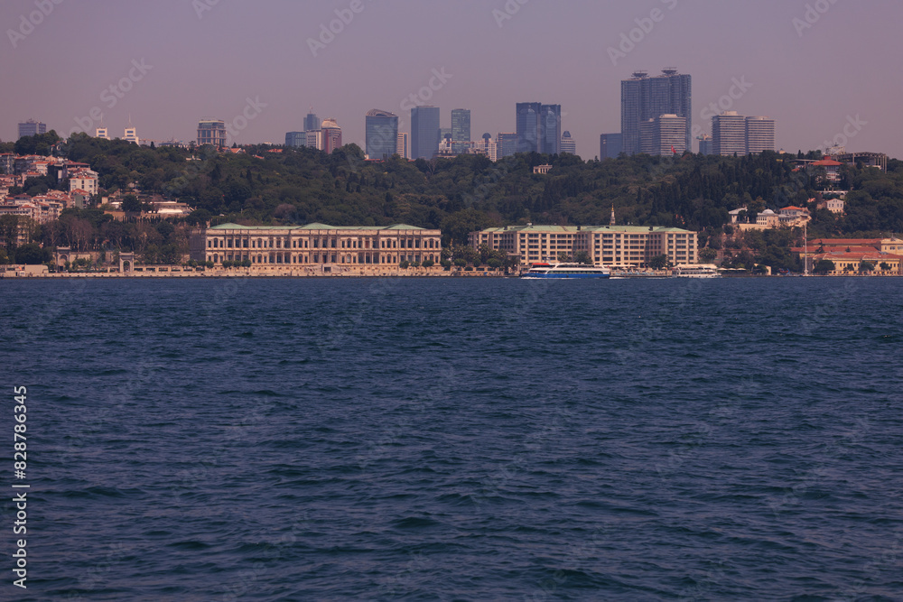 Fototapeta premium Evening sea view off the coast of Istanbul. Orange sunset sky 