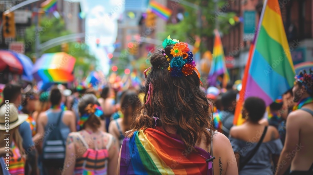 Crowd of people are at a pride parade LGBTQ women rights with pride flags Crowd of people are at a pride parade LGBTQ women rights with pride flags