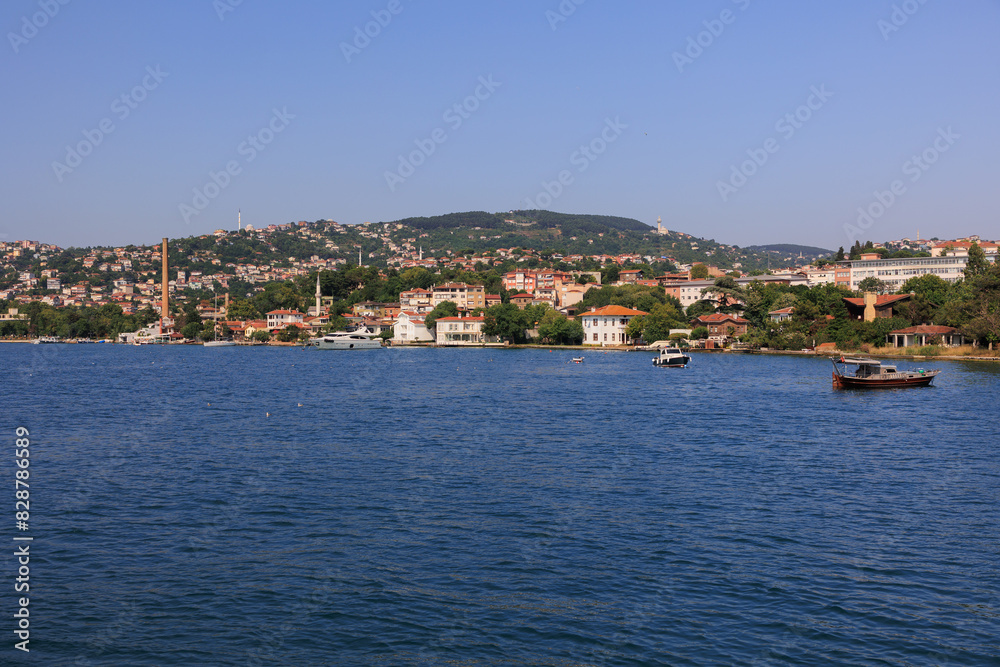 Turquoise blue sea water. View of the Bosphorus in Istanbul city on sunny summer day, in a public place. Turquoise blue sea water. View of the Bosphorus in Istanbul city on sunny summer day, in a public place.