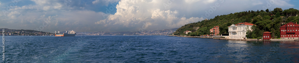 Turquoise blue sea water. View of the Bosphorus in Istanbul city on sunny summer day, in a public place. Turquoise blue sea water. View of the Bosphorus in Istanbul city on sunny summer day, in a public place.