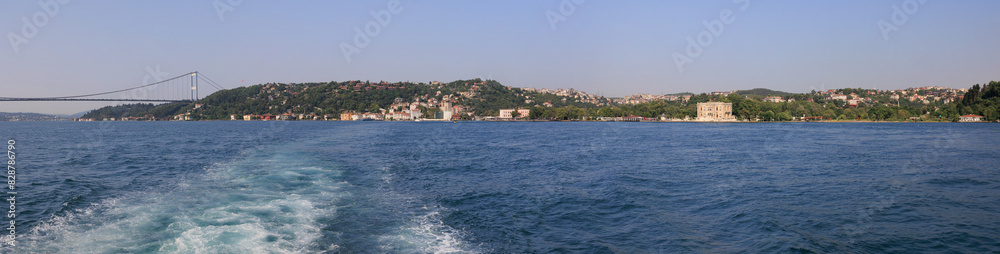 Turquoise blue sea water. View of the Bosphorus in Istanbul city on sunny summer day, in a public place. Turquoise blue sea water. View of the Bosphorus in Istanbul city on sunny summer day, in a public place.