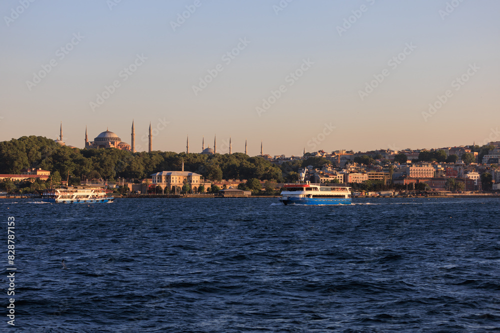 Evening sea view off the coast of Istanbul. Orange sunset sky Evening sea view off the coast of Istanbul. Orange sunset sky