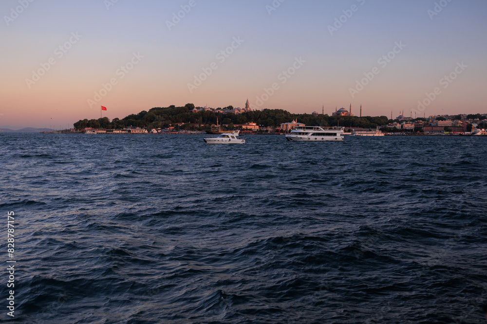 Evening sea view off the coast of Istanbul. Orange sunset sky Evening sea view off the coast of Istanbul. Orange sunset sky