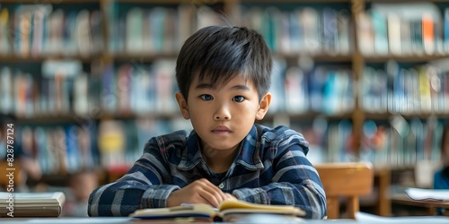 Diligent Asian student deeply engaged in schoolwork. Concept Studious, Asian Culture, Education, Hardworking Student, Academic Success photo