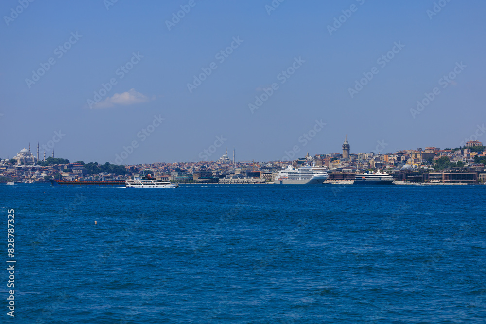Blue seascape overlooking the coast. View of the Bosphorus in Istanbul city on sunny summer day, in a public place. Blue seascape overlooking the coast. View of the Bosphorus in Istanbul city on sunny summer day, in a public place.