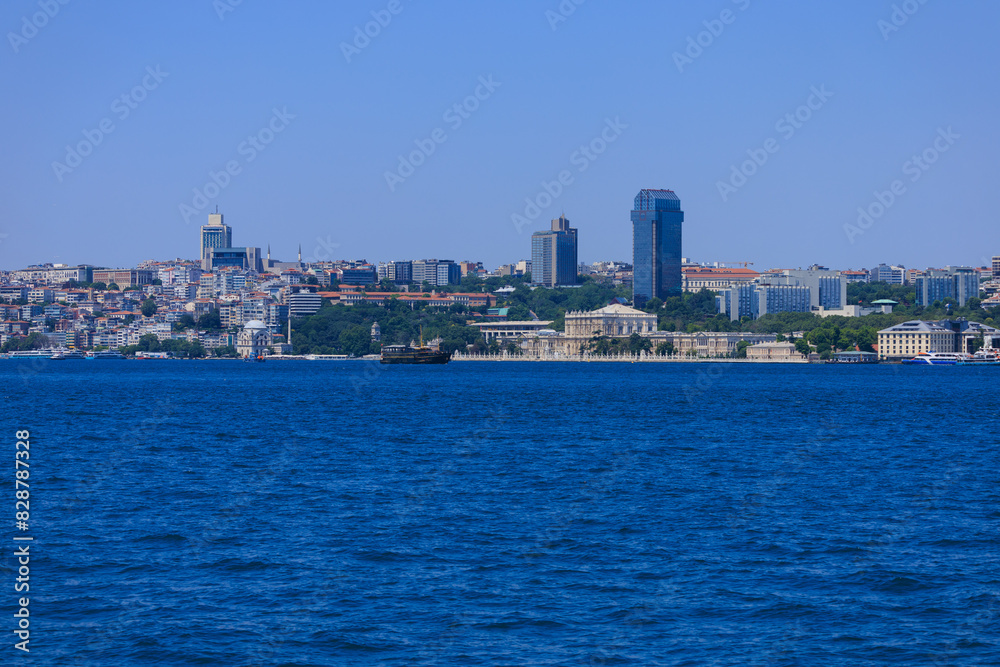 Blue seascape overlooking the coast. View of the Bosphorus in Istanbul city on sunny summer day, in a public place. Blue seascape overlooking the coast. View of the Bosphorus in Istanbul city on sunny summer day, in a public place.