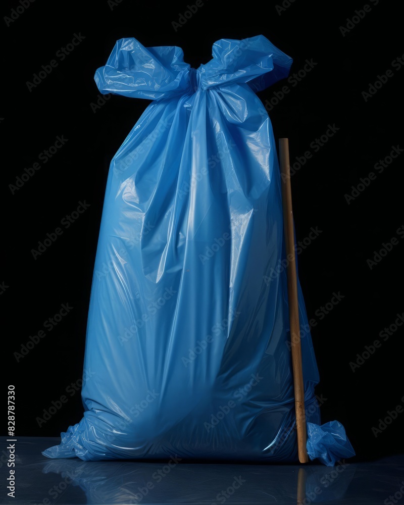 A neatly rolled blue plastic garbage bag partially unrolled, set against a dark backdrop, emphasizing the utility and durability of household cleaning supplies A neatly rolled blue plastic garbage bag partially unrolled, set against a dark backdrop, emphasizing the utility and durability of household cleaning supplies