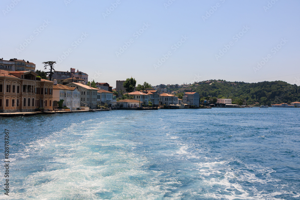 Blue seascape overlooking the coast. View of the Bosphorus in Istanbul city on sunny summer day, in a public place. Blue seascape overlooking the coast. View of the Bosphorus in Istanbul city on sunny summer day, in a public place.