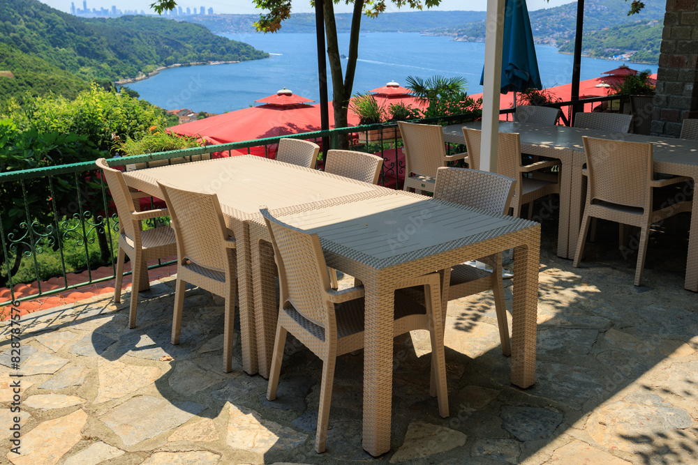 Beautiful views from above, tables in a cafe in the mountains and a panoramic view of the city, public places in Turkey, on a sunny summer day Beautiful views from above, tables in a cafe in the mountains and a panoramic view of the city, public places in Turkey, on a sunny summer day