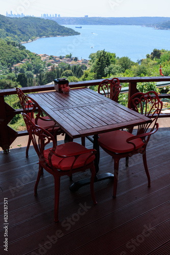 Beautiful views from above, tables in a cafe in the mountains and a panoramic view of the city, public places in Turkey, on a sunny summer day © Tatiana