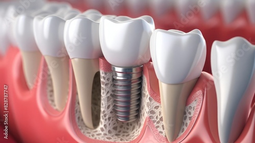 A detailed crosssectional illustration of a dental implant inserted into the jawbone, surrounded by natural teeth, showcasing the anatomy and integration of the implant in dental care photo