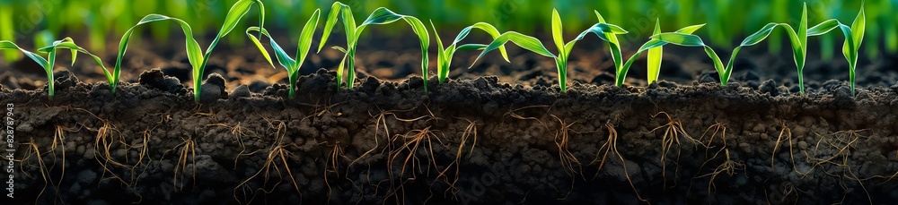 Photo of young Barley plants growing in the soil, showing roots and green leaves. The background is blurred to highlight details on each plant. Photo of young Barley plants growing in the soil, showing roots and green leaves. The background is blurred to highlight details on each plant.