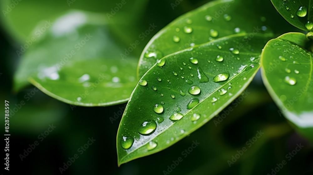 A detailed shot of dewy green leaves, highlighting the clarity and purity of nature, and evoking a sense of freshness and rejuvenation A detailed shot of dewy green leaves, highlighting the clarity and purity of nature, and evoking a sense of freshness and rejuvenation