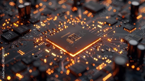 Circuit board with a central microchip, visually defining the heart of computing technology Dark, moody background for emphasis Photorealistic render