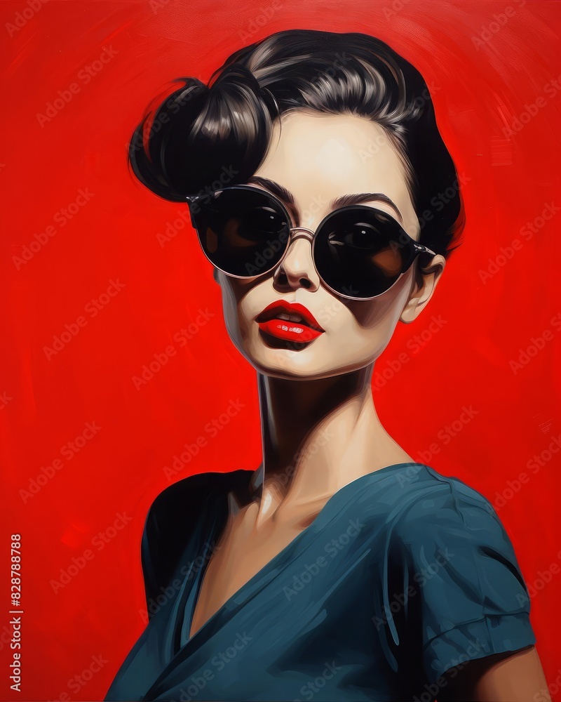 A striking portrait of a woman with bold red lips and dark sunglasses against a vibrant red background, embodying a sense of modern glamour and confident style A striking portrait of a woman with bold red lips and dark sunglasses against a vibrant red background, embodying a sense of modern glamour and confident style